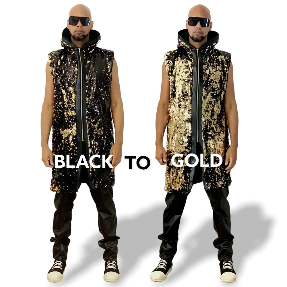 Reversible Sequin Hooded Sequin Cloak Vest Sleeveless Coat